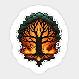 Burning Tree Design: Intricate Details and Vibrant Colors for Boldness and Environmental Awareness Sticker